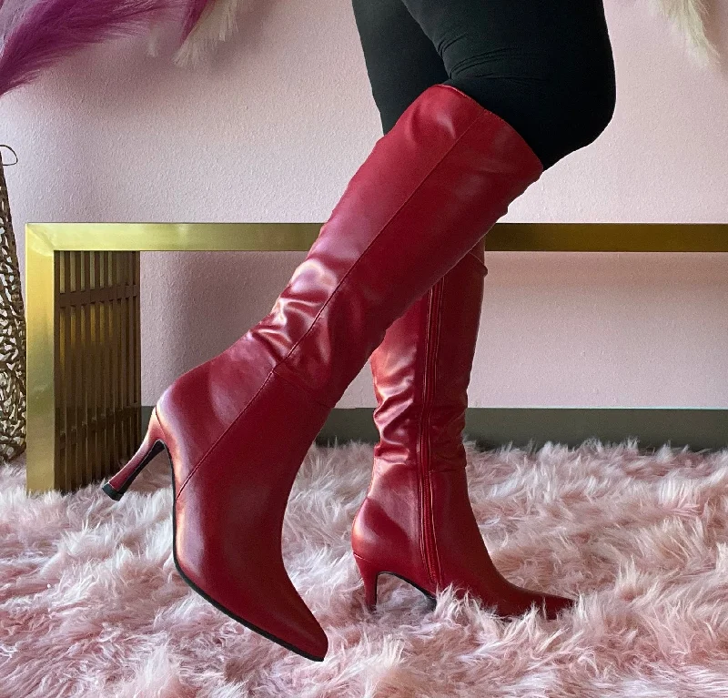 KAYLEE-1 Red Faux Leather Knee-High Boot