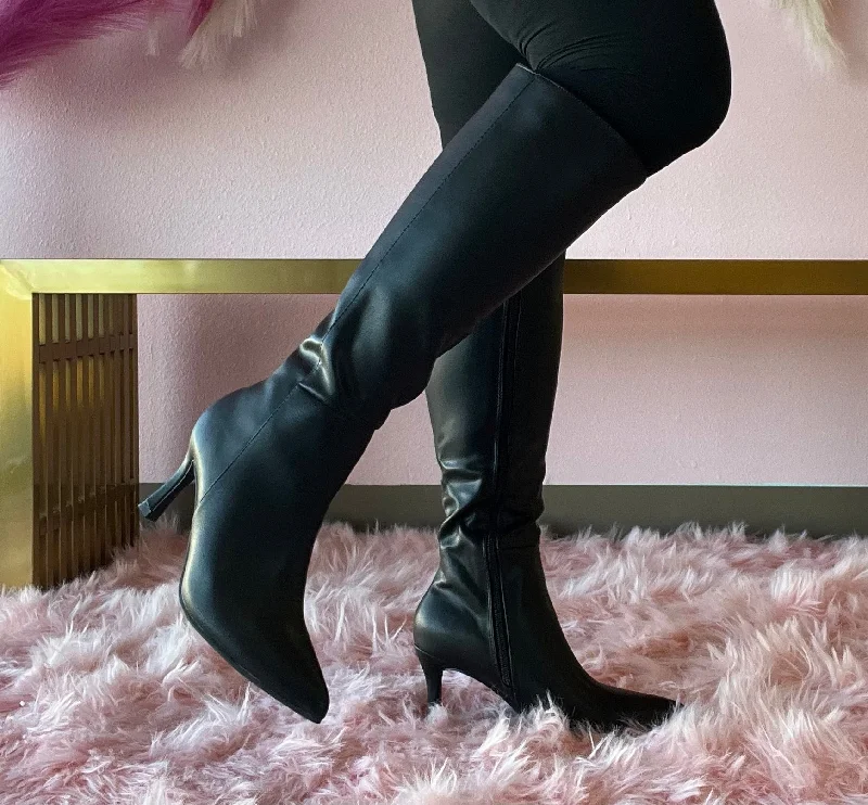 KAYLEE-1 Black Faux Leather Knee-High Boot