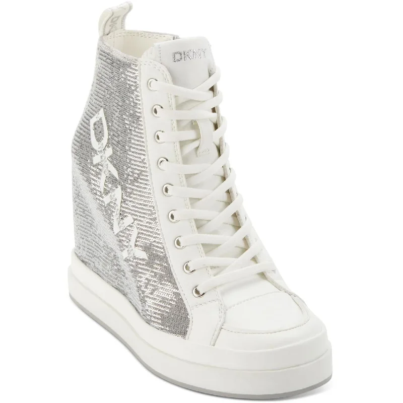 DKNY Womens Sophie Faux Leather Sequined Casual and Fashion Sneakers