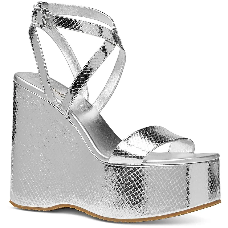 MICHAEL Michael Kors Womens Paola Wedge Leather Metallic Wedge Sandals