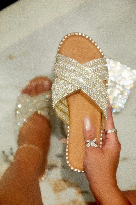 Fun Weekend Embellished Slip On Sandals - Nude Mod Oxford Design  