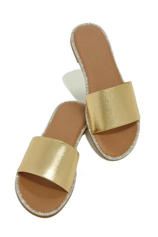 Summer Forever Embellished Flat Slip On Sandals - Gold Bespoke Shoe Aesthetic 